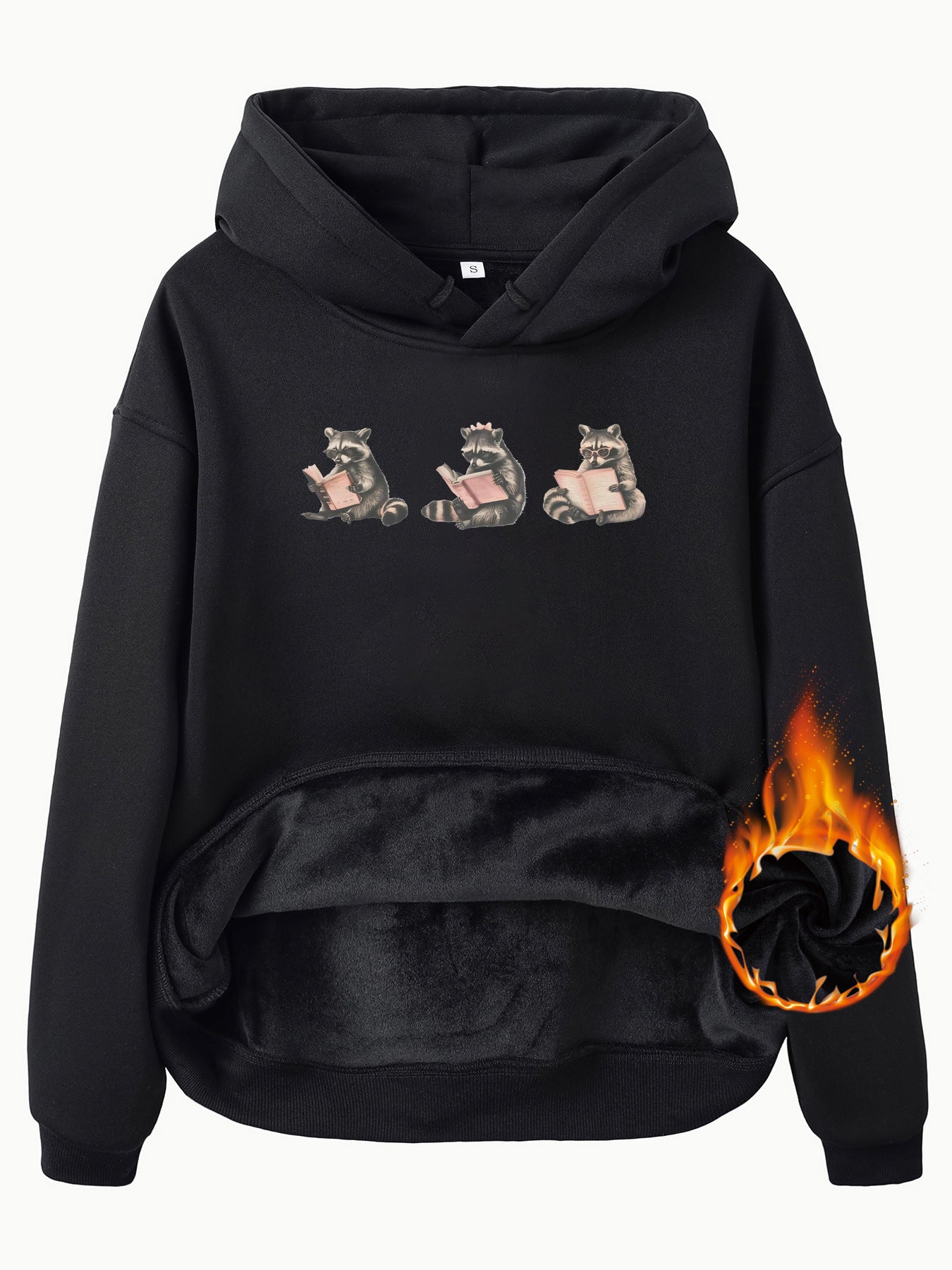 Hooded Long Sleeve Fleece Hoodie with Kangaroo Pocket and Raccoon Print