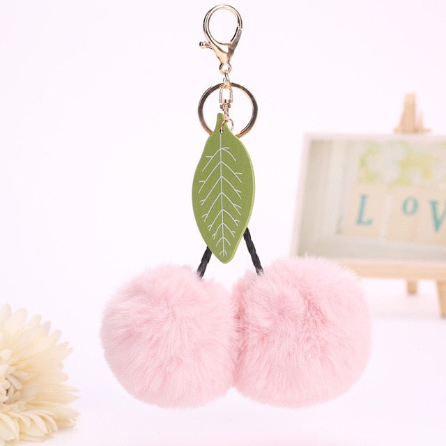 Faux Rabbit Fur Ball Pompom Cherry Keychain
