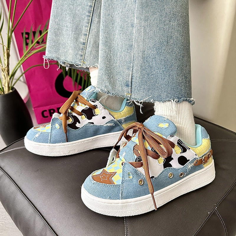 Harajuku Cow Pattern Denim Canvas Shoes