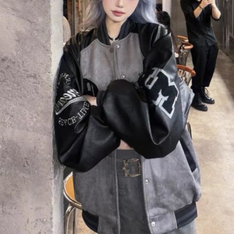 Embroidered Patchwork Baseball Jacket with Contrasting Colors