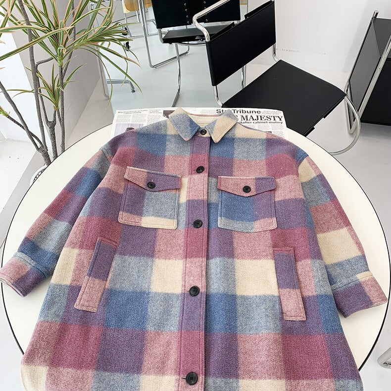 Harajuku Color Stitching Plaid Mid-Length Coat
