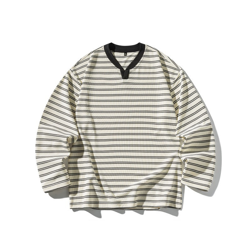 Stripe Color-block V-neck Loose Unisex Long Sleeve T-shirt