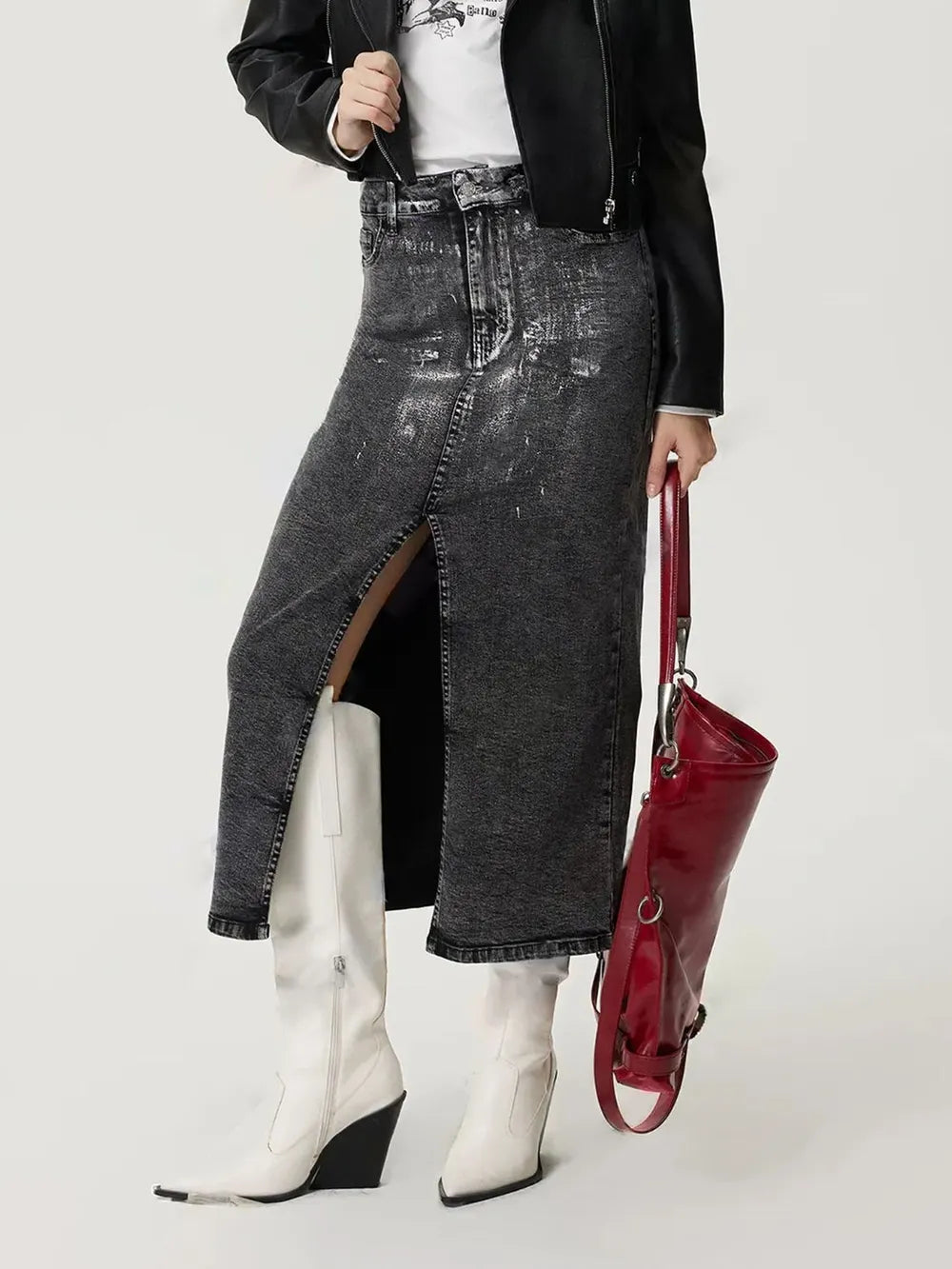 Retro Silver Polished Denim Skirt
