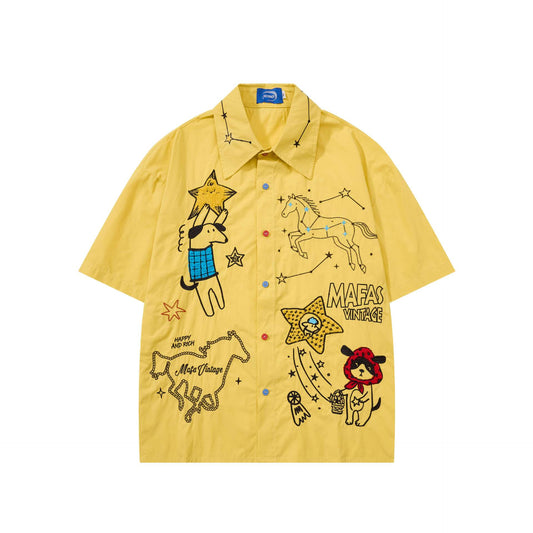 Constellation Graffiti Embroidery Short-Sleeved Shirt — Harajuku Street Style