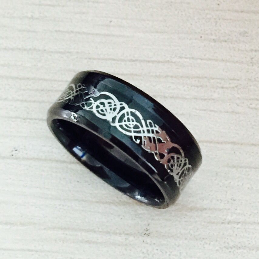 Black 316L Stainless Steel Wedding Band with Blue Carbon Fiber