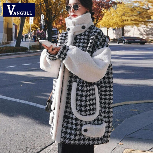 Harajuku Style Houndstooth Wool Coat for Women