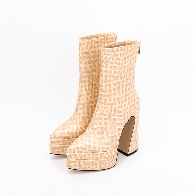 Women's Stone Pattern Thick High-Heeled Ankle Boots with Thick Soles