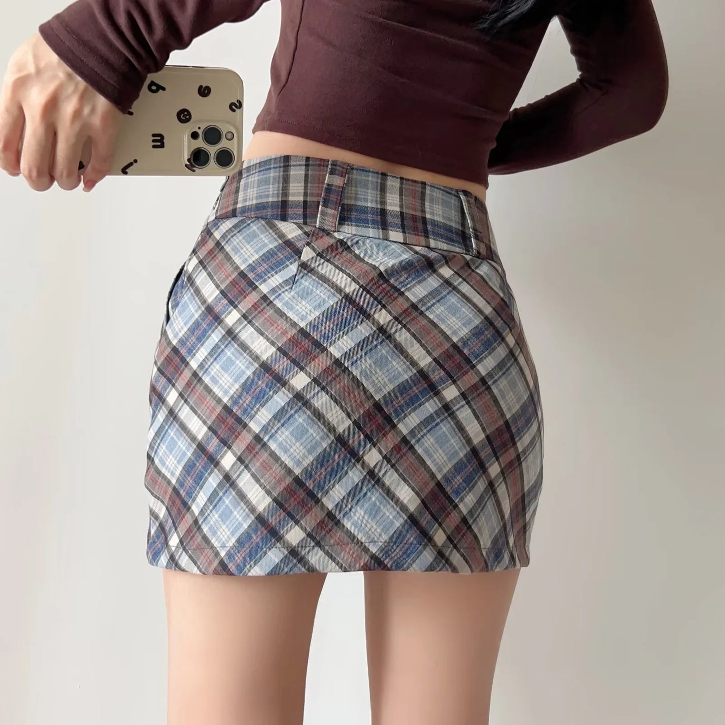 Plaid Mini A-line Skirt with High Elasticity in Sweet and Spicy Style