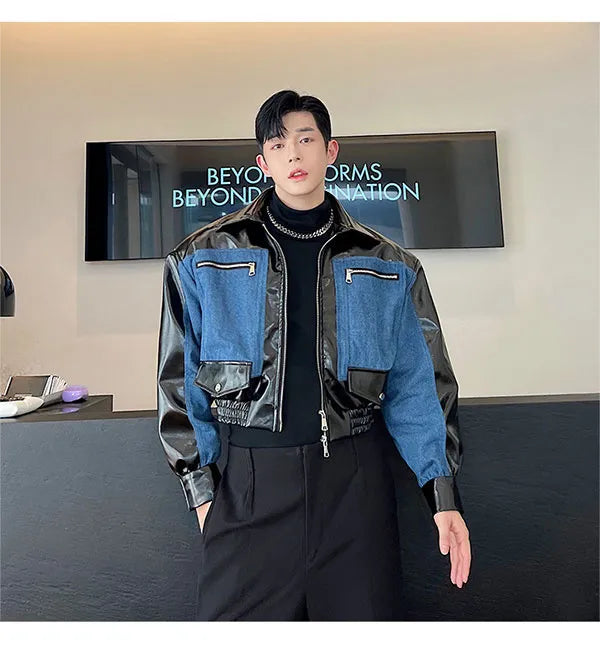 Korean Style Denim Patchwork Short Jacket for Men