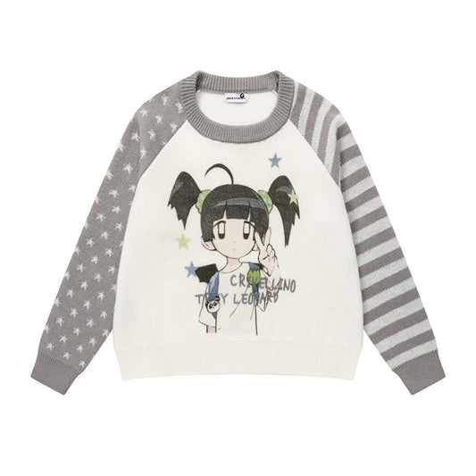 Star Stripe Raglan Mink Knit Sweater Unisex Cool Crewneck Knitwear