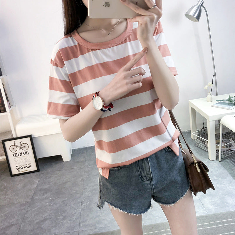Oversized Striped Crewneck T-Shirt with Side Slit
