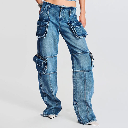 Harajuku Style Mid Waist Buckle Multi-Pocket Denim Pants