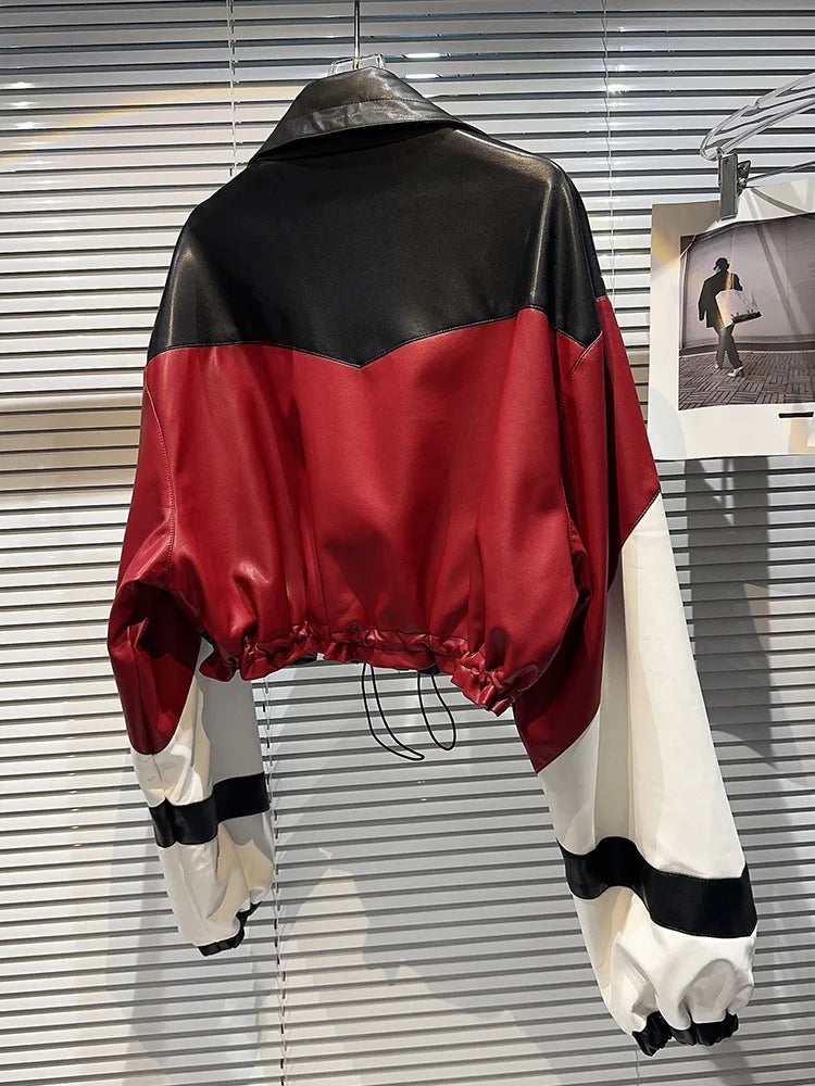 Women's Contrast Color Patchwork Motorcycle Leather Jacket