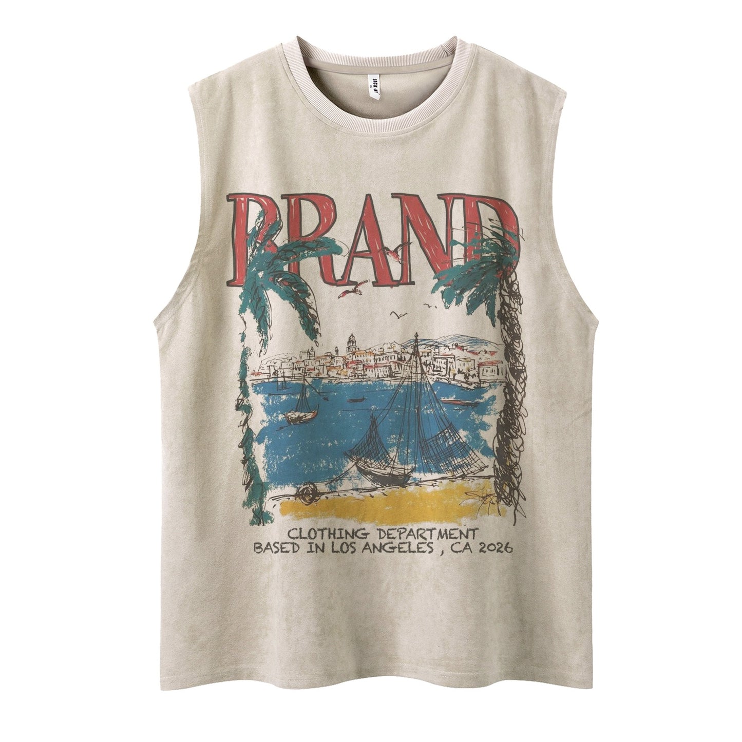 Coastal Graffiti Printed Vest — Loose-Fit Retro Cotton Blend (Pink, Apricot, Grey)