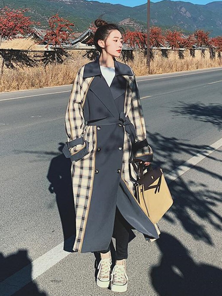 Retro Plaid Over The Knee Windbreaker Coat for Women