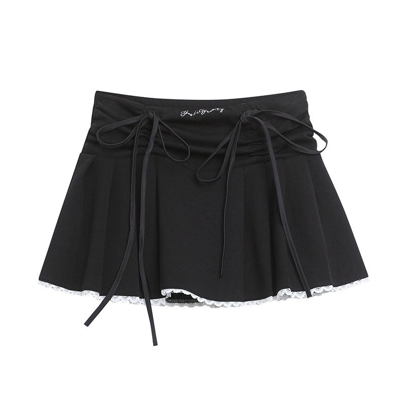 Playful A-Line Lace Hem Skirt with Drawstring Bow