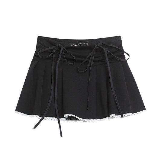 Playful A-Line Lace Hem Skirt with Drawstring Bow