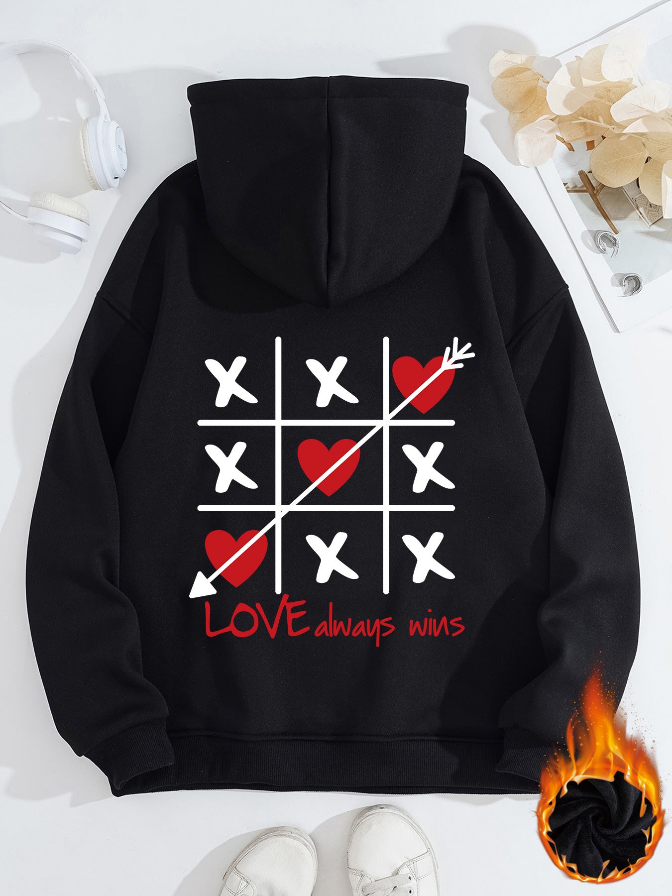 Thick Fleece Hoodie with Love Design