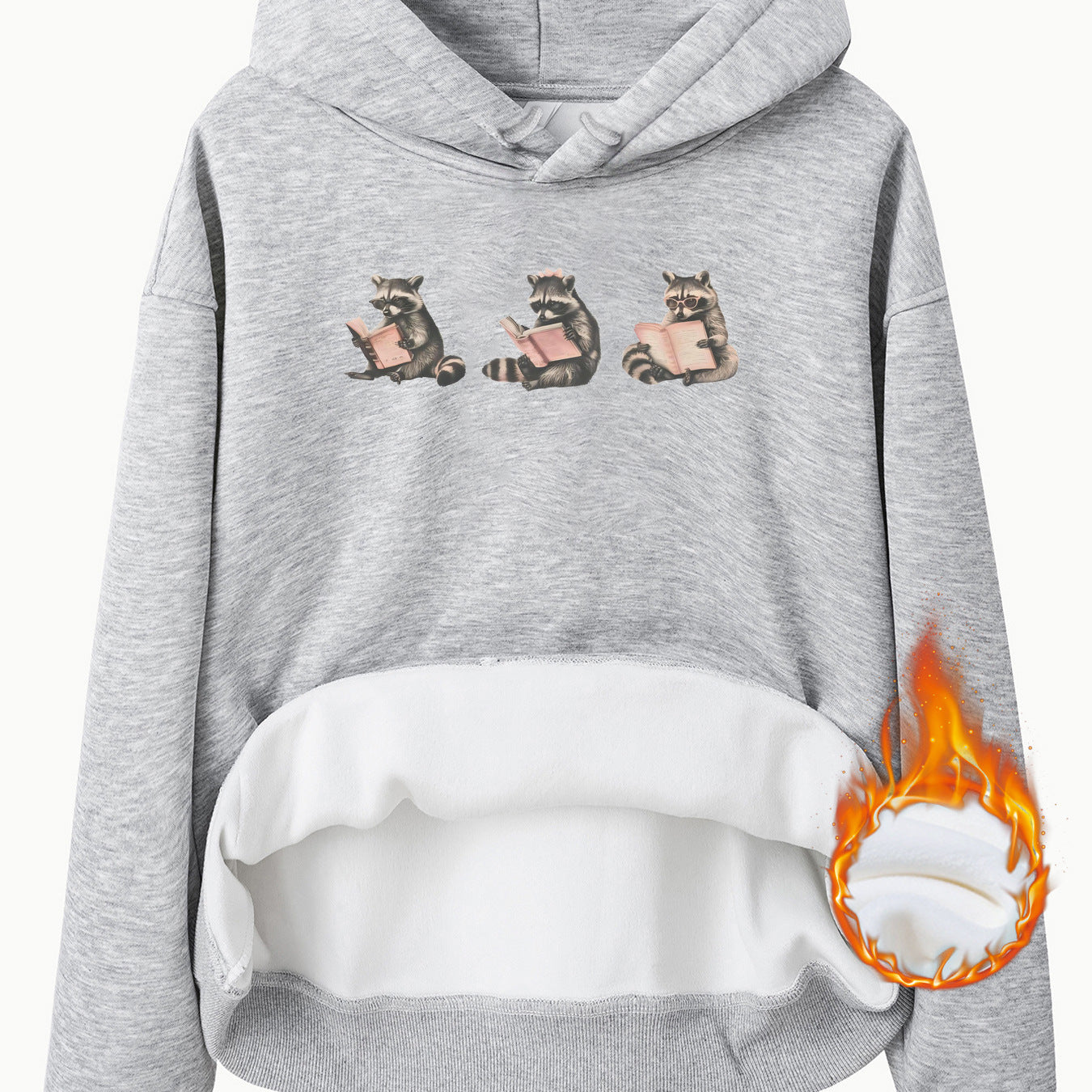 Hooded Long Sleeve Fleece Hoodie with Kangaroo Pocket and Raccoon Print