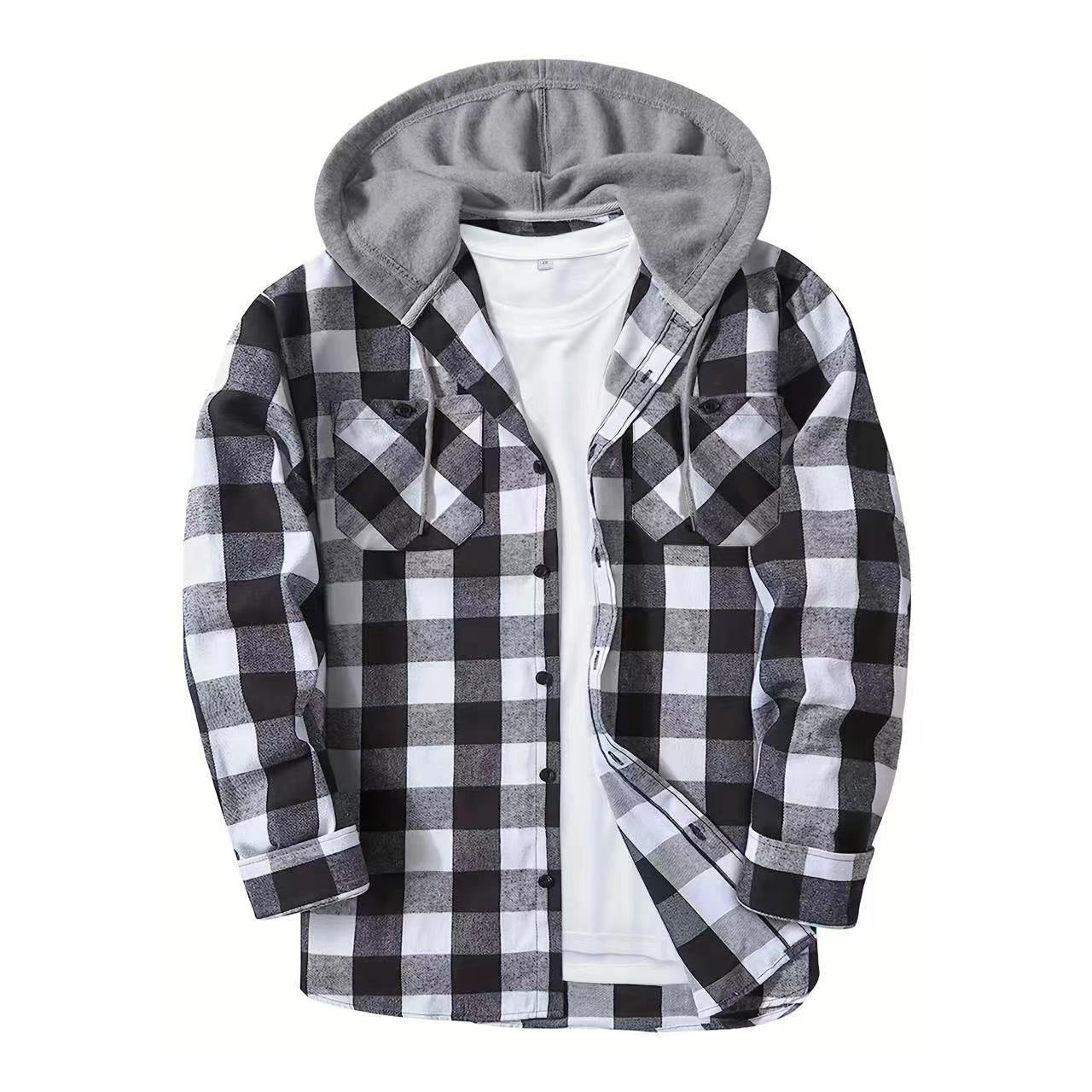Harajuku Style Plaid Grid Hooded Shirt for Men