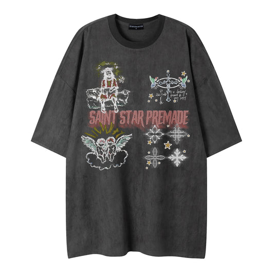 Angel Print Short Sleeved Shirt — Harajuku Street Style Cotton Blend
