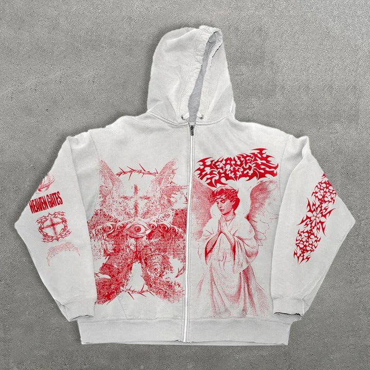 Angel Print Hooded Hoodie with Zipper Loose Fit Y2K