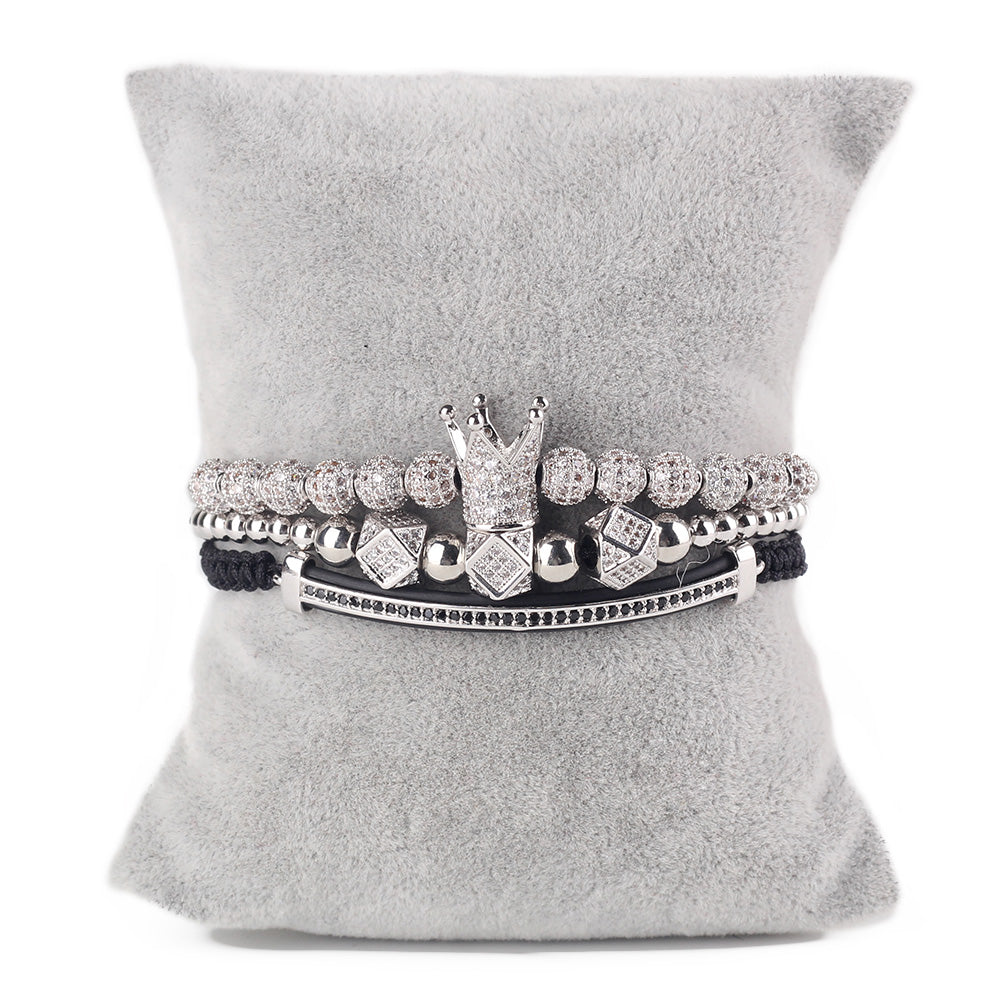 3pcs Luxury CZ Crown Charm Men’s Bracelets Set