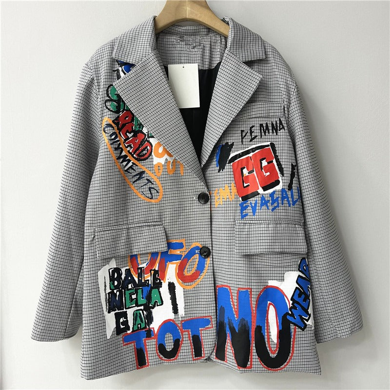Harajuku Plaid Graffiti Jacket - Loose Fit Women's Suit