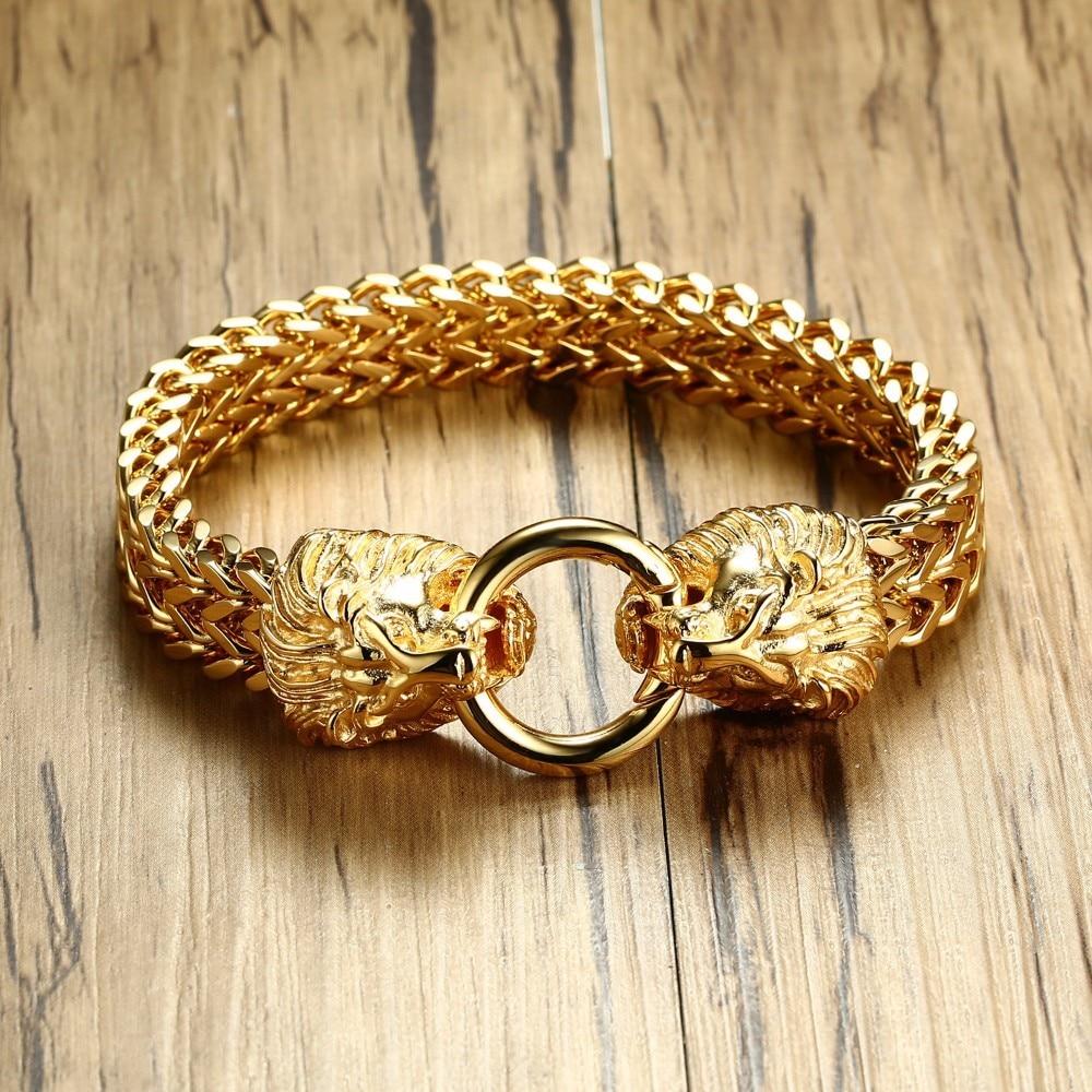 Antique Double Lion Head Herringbone Bracelet - Gold Tone