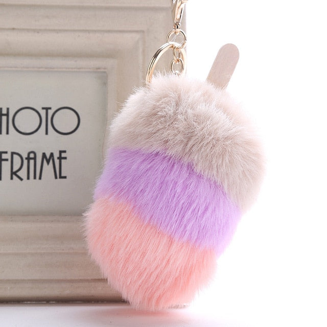 Fluffy Faux Fur PomPom Ice Cream Keychain