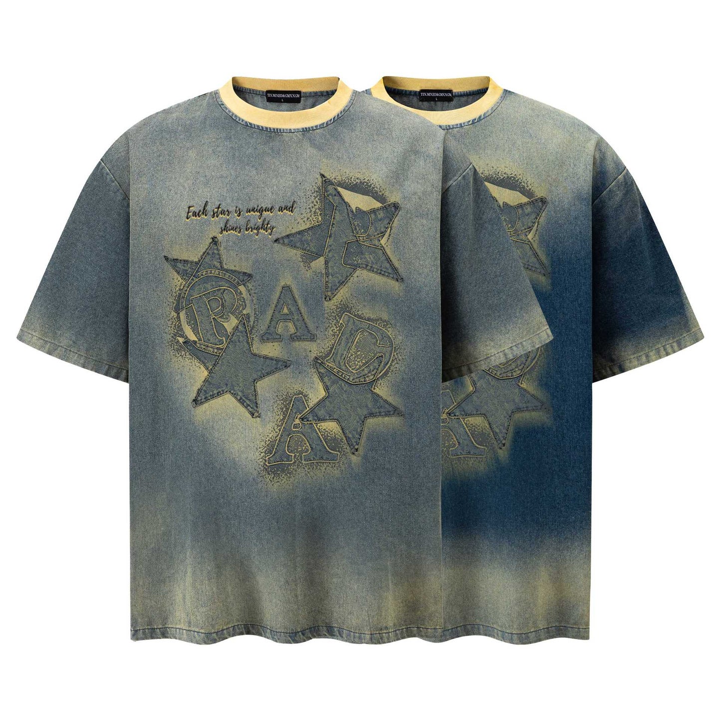 Star Letters Make Old Short Sleeves - Harajuku Cotton Loose Tee (Ginger Yellow, Blue)