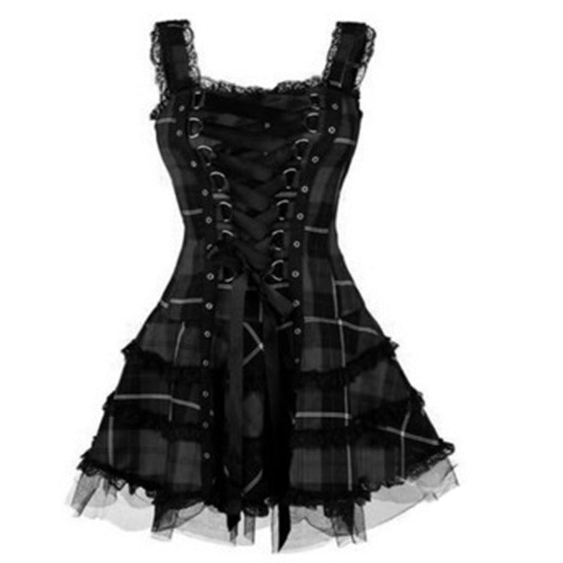 Printed Midi Skirt Dress with Lace Suspender and High Waist