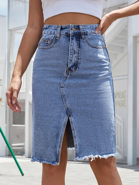 Trendy Raw Hem Slit Denim Skirt - Harajuku Style