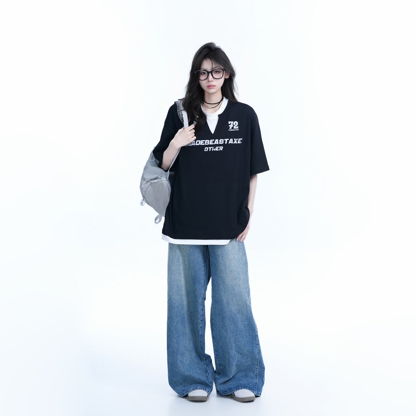 Contrasting Splicing Short Sleeved T-Shirt for Women