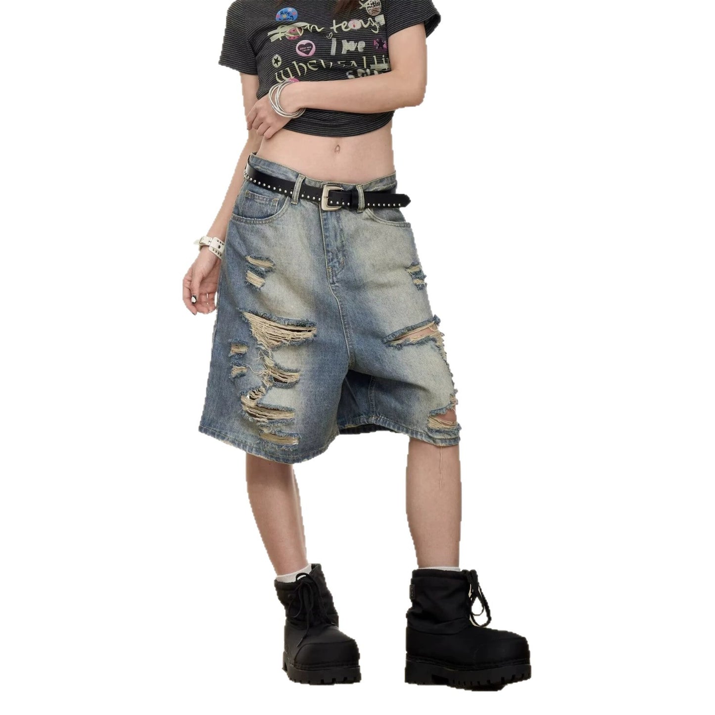 Retro Washed Distressed Denim Cropped Pants — Unisex Loose Wide Leg Shorts