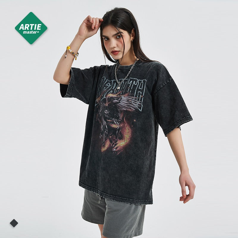 Firehorse Print Worn Out T-Shirt for Men - Harajuku Style