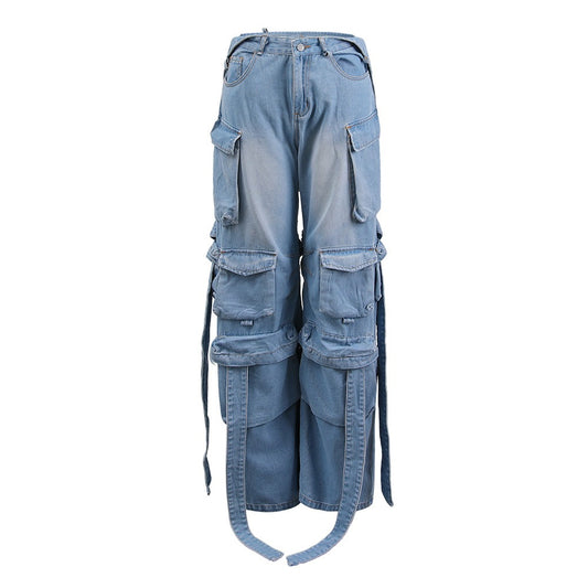 Harajuku-Style Multi Pocket Denim Pants with Decorative Straps