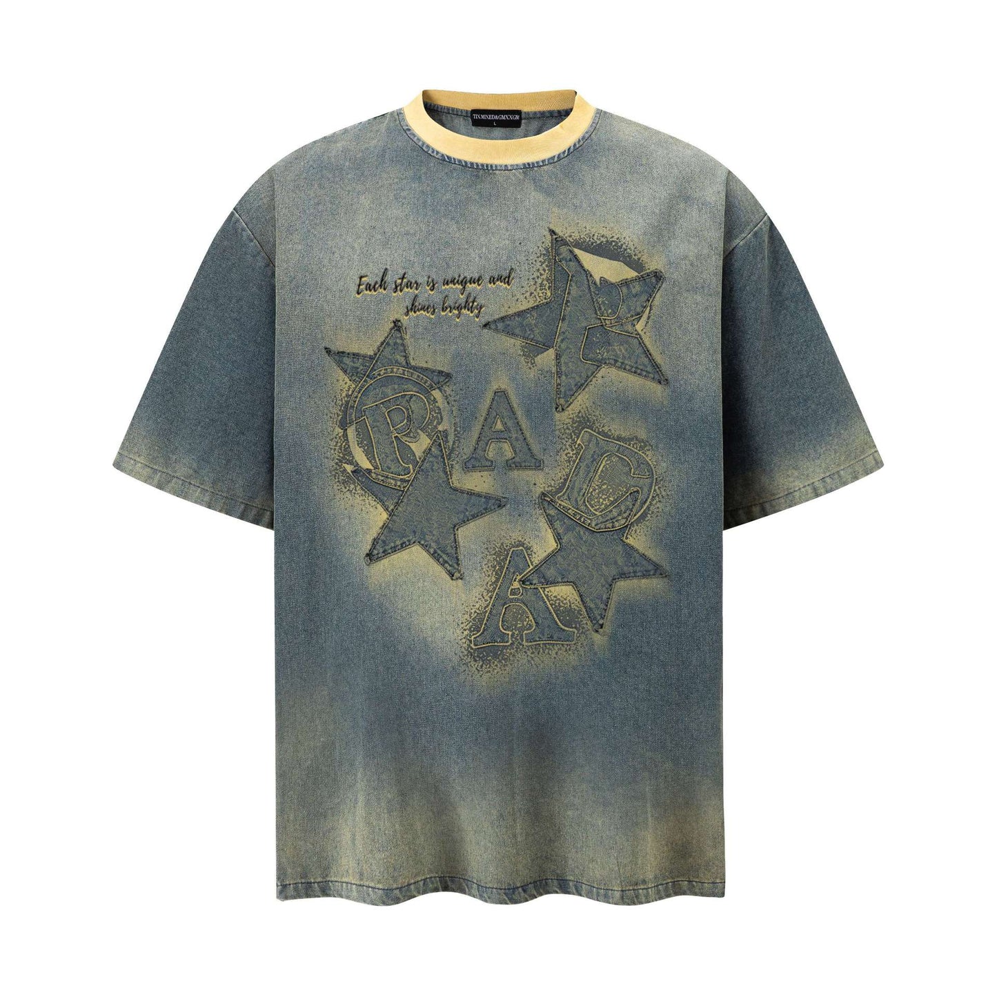Star Letters Make Old Short Sleeves - Harajuku Cotton Loose Tee (Ginger Yellow, Blue)