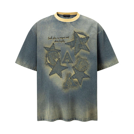 Star Letters Make Old Short Sleeves - Harajuku Cotton Loose Tee (Ginger Yellow, Blue)