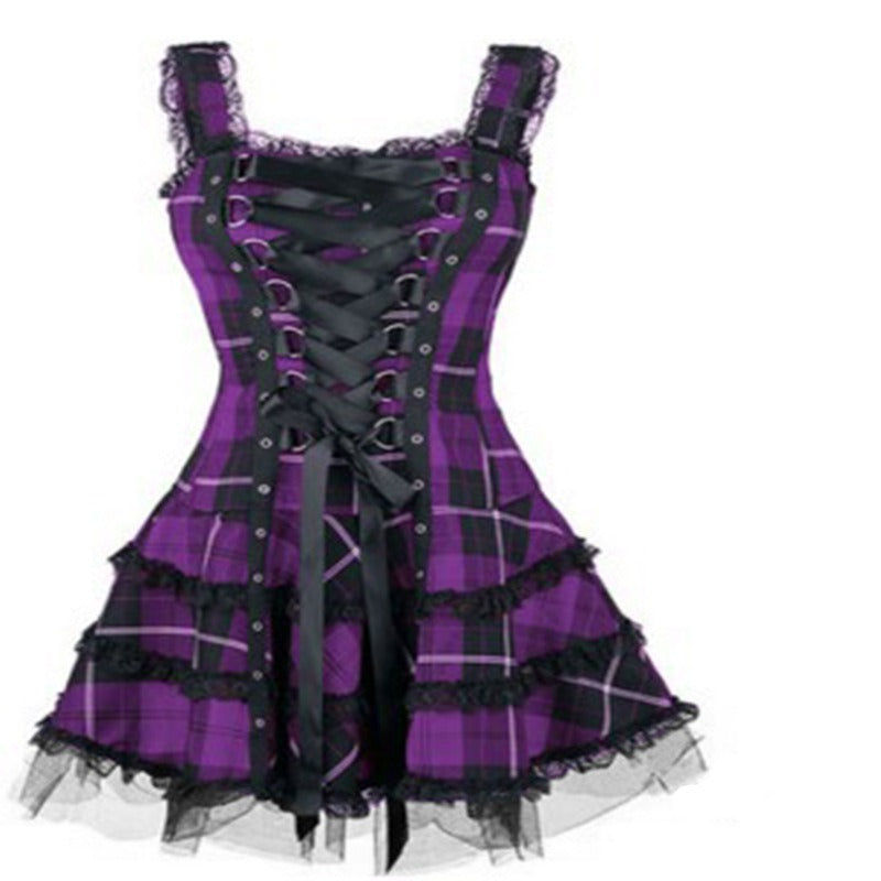 Printed Midi Skirt Dress with Lace Suspender and High Waist