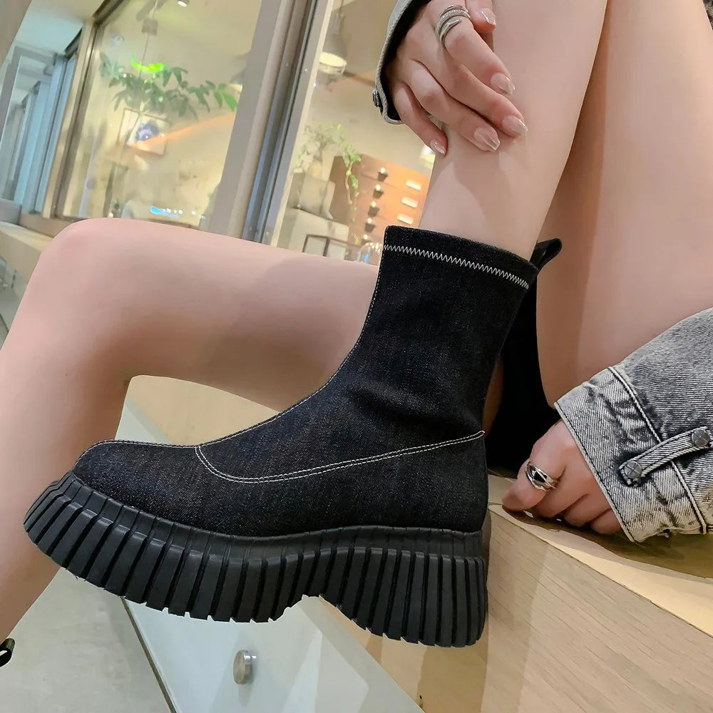Fashion Platforms for Women - Stretch Short Boots - Genuine Leather Casual Ankle Boots - Round Toe Shoes