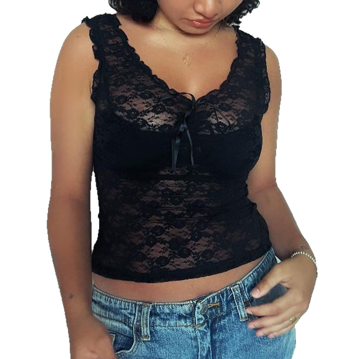 Perspective Lace Tie Bow Pleated Vest Top for Women