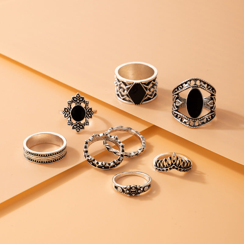 Black Oil Drip Geometric Ring Set - Retro Style Accessories