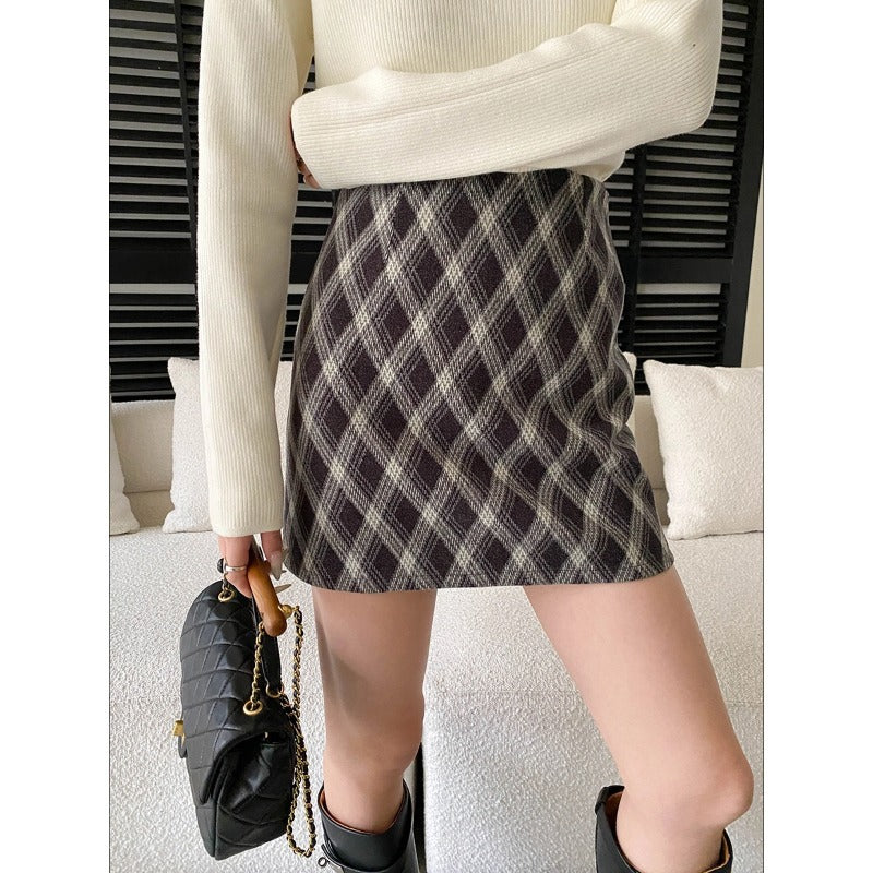 Vintage British Style Color-Blocked Plaid High-Waisted Slimming A-Line Wool Blend Mini Skirt