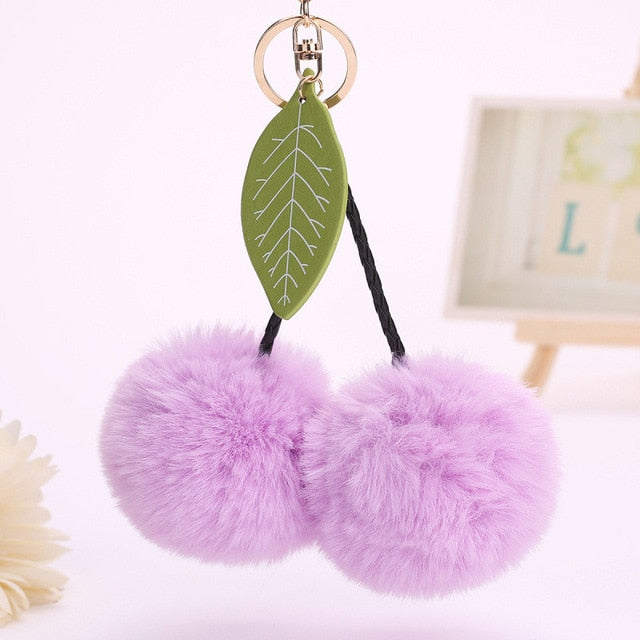 Faux Rabbit Fur Ball Pompom Cherry Keychain