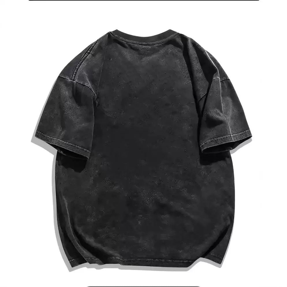 Harajuku Loose Round Neck Short-Sleeved Top — Washed Black Cotton with 3D Effect