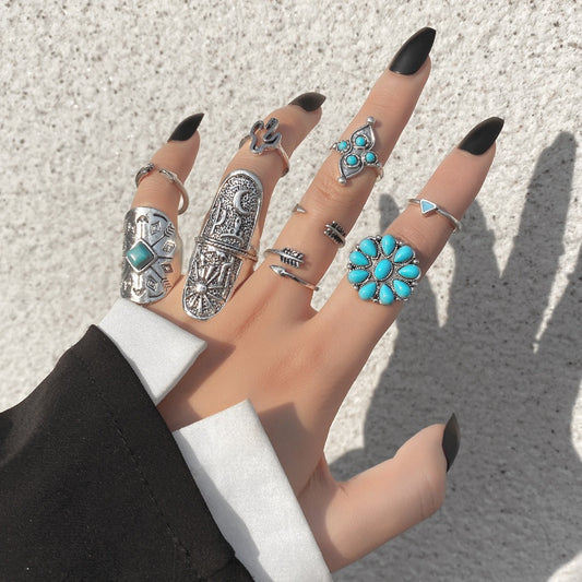 Retro Carved Sapphire 9-Piece Ring Set