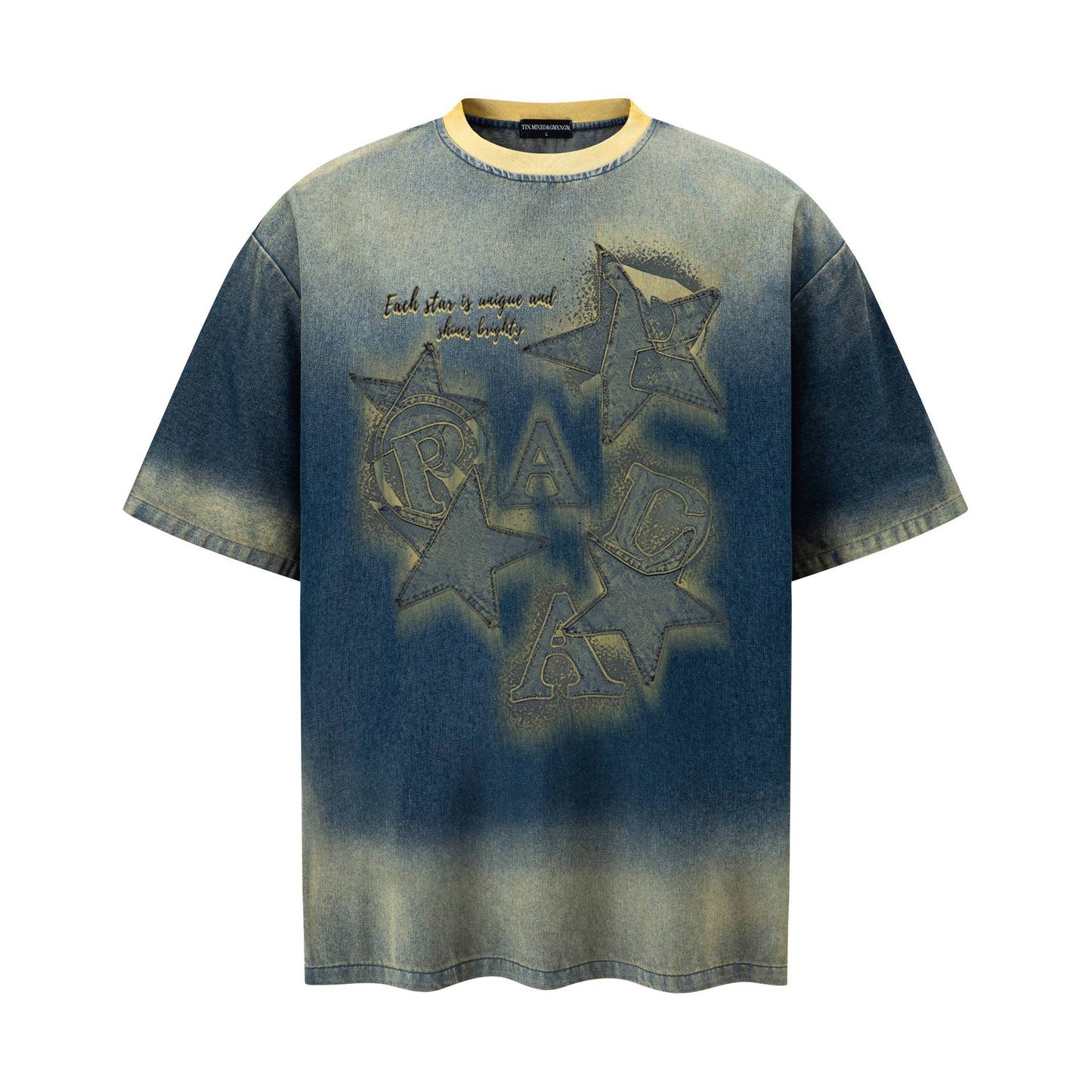 Star Letters Make Old Short Sleeves - Harajuku Cotton Loose Tee (Ginger Yellow, Blue)