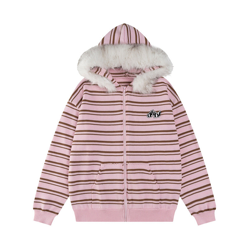 Fleece Striped Hooded Cardigan Coat