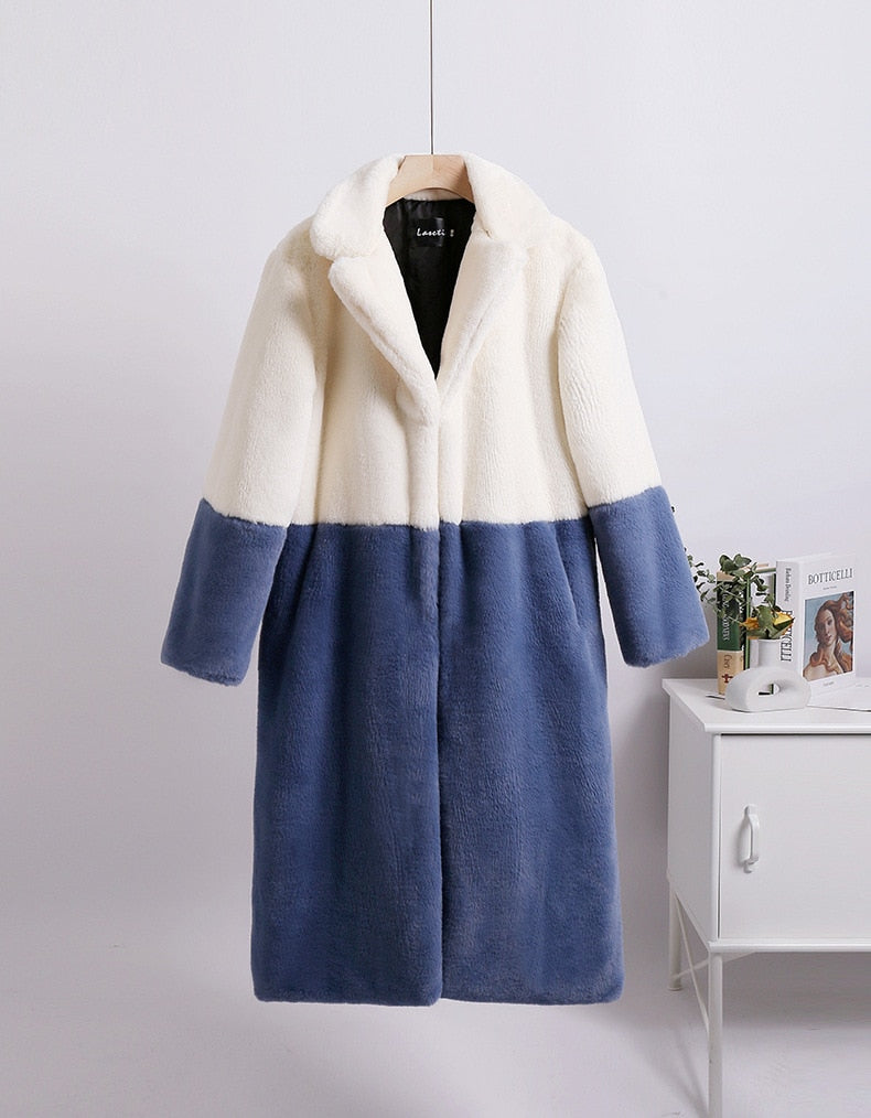 Mid-Length Mink Velvet Faux Fur Coat with Furry Collar